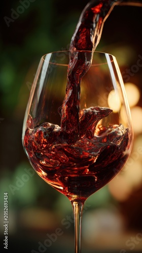 Close-up red wine pouring creating splash in glass