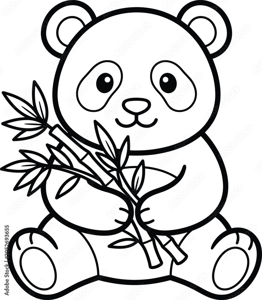 Obraz premium Cute panda bear holding bamboo leaves. Cute cartoon panda bear holding bamboo shoot with leaves on white background illustration