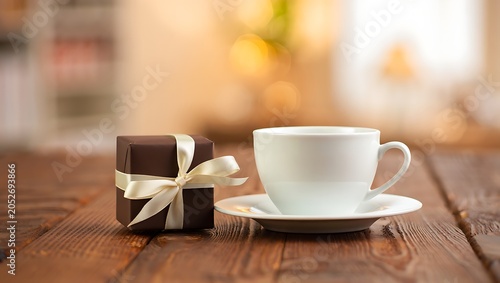 A cup of hot coffee next to a small wrapped gift box on wooden table in warm cozy setting with soft lighting, beverage
