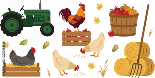 Tableau sur toile Rustic Farm Life Illustration Collection with Tractor Chickens Rooster Hay Bales