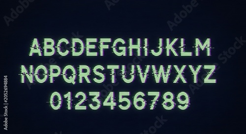 Digital glitch alphabet letters and numbers set with alphabet, technology