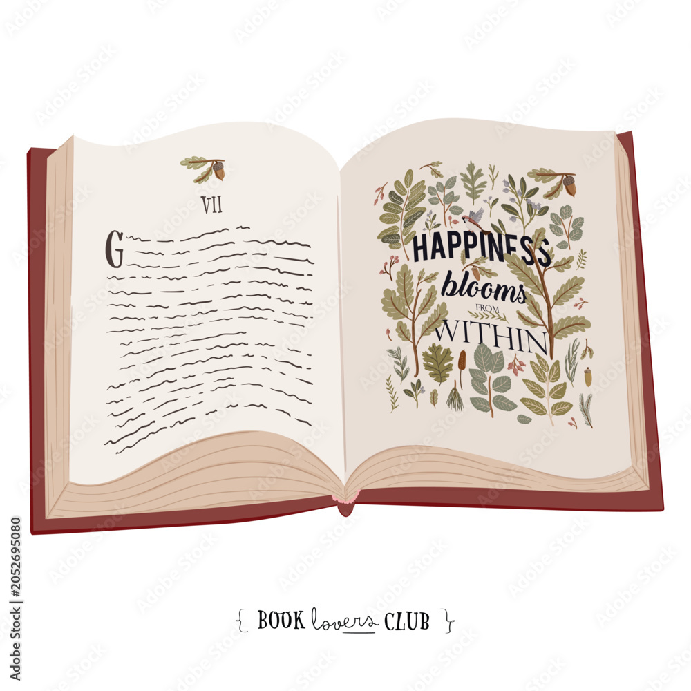 Fototapeta premium Open Book Illustration With Floral Quote And Botanical Elements