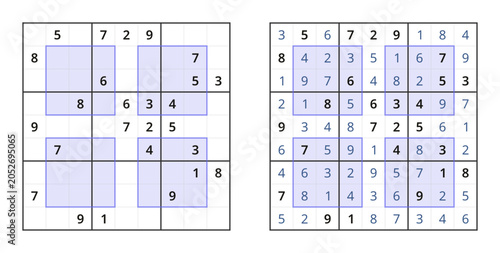Hyper sudoku puzzle with answer. Vector number game on white background