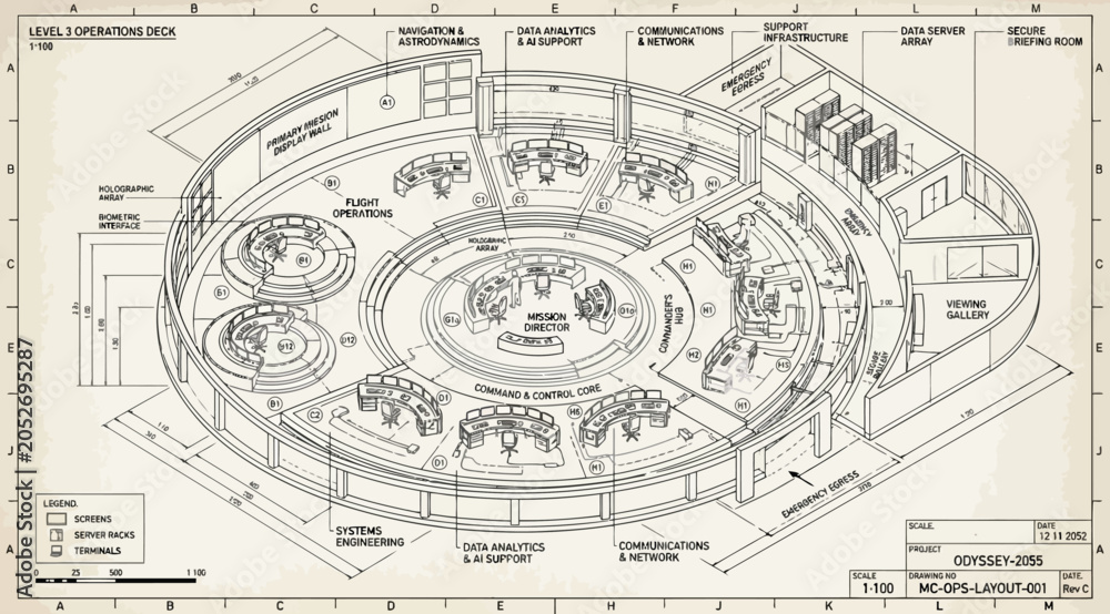 Obraz premium Isometric technical layout of a circular mission control center