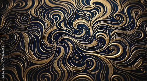 Konstfotografi Luxurious golden swirling floral pattern on a dark navy background