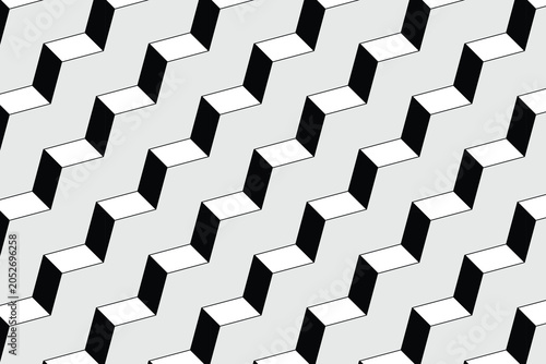 Isometric zigzag pattern with 3D geometric steps, monochrome architectural background vector, black and white optical illusion texture