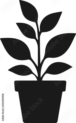 Potted houseplant icon. Black silhouette. Vector.