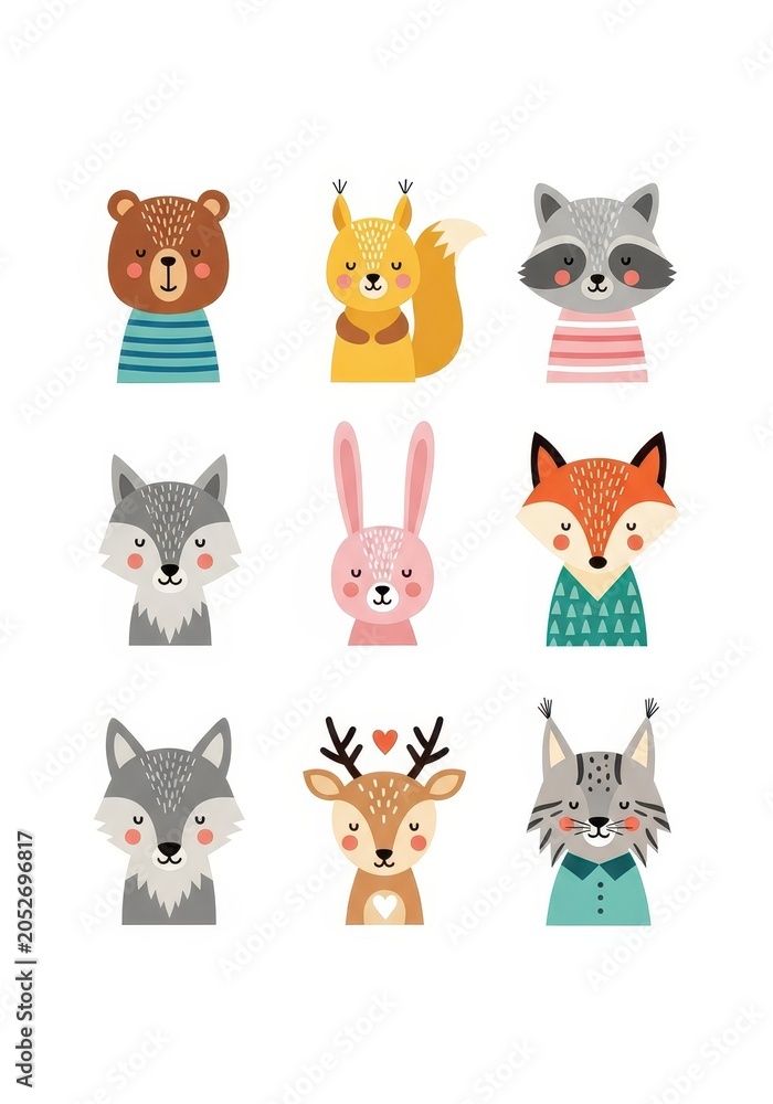 Fototapeta premium Cute Forest Animal Portraits Set with Bear Squirrel Raccoon Wolf Rabbit Fox Deer and Lynx in Flat Scandinavian Style
