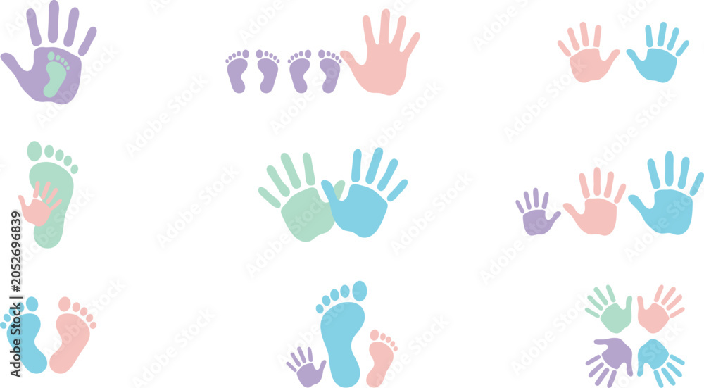 Fototapeta premium Cute family handprint and footprint vector icon set showing pastel colored stamps of adult toddler and baby hands or feet isolated on white background.