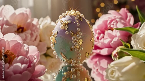 Decorated pastel easter egg with pearl and gold bead details on a stand, surrounded by pink peonies and white tulips, warm bokeh lights create a festive spring mood