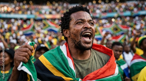Excited South African football fan cheering with national flag wrapped around shoulders in crowded stadium during international soccer competition tournament.