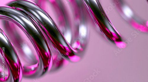 Abstract close-up of glossy pink chrome rings arranged in a spiral formation on a pastel background with reflective metallic surfaces.