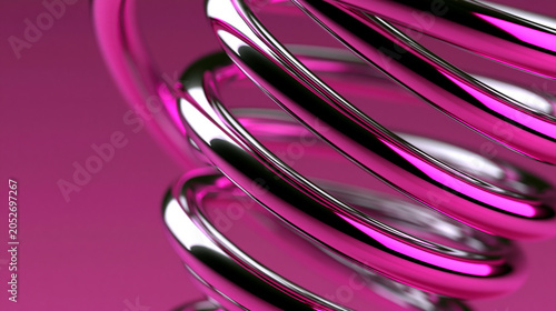 Abstract close-up of glossy pink chrome rings arranged in a spiral formation on a pastel background with reflective metallic surfaces.