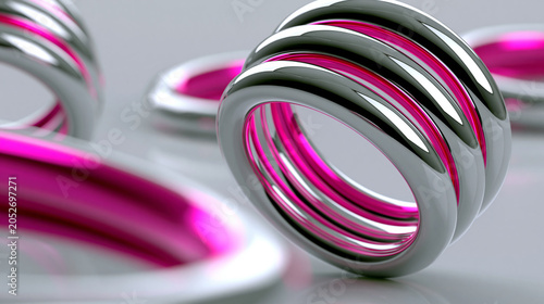 Abstract close-up of glossy pink chrome rings arranged in a spiral formation on a pastel background with reflective metallic surfaces.