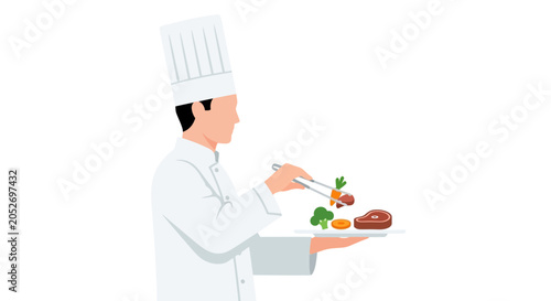 Foto Chef plating steak and vegetables, culinary art, food presentation, professional