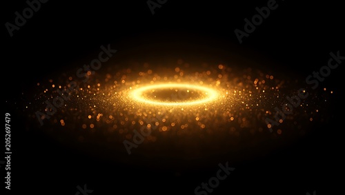 Horizontal golden light ring glowing with floating embers and particles against a stark black void for fantasy effects, particle