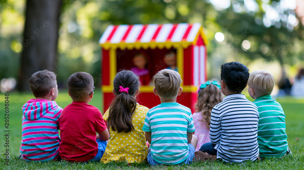 Fototapeta premium Children sitting on grass watching puppet theater outdoors representing childhood play imagination and group activity concept