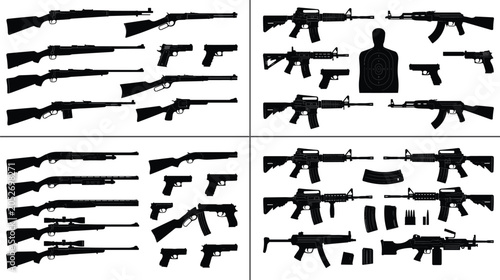 Bild auf Leinwand Weapons and firearms silhouettes vector collection featuring assault rifles hand