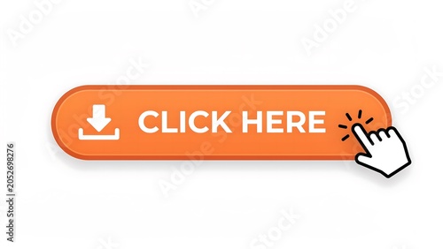 Download button, click here icon, orange button with hand cursor, web interface element, call to action