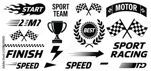 Racing stripe motorsport decals with angled checkered patterns finish line elements dynamic tuning stickers and automotive graphics vector design