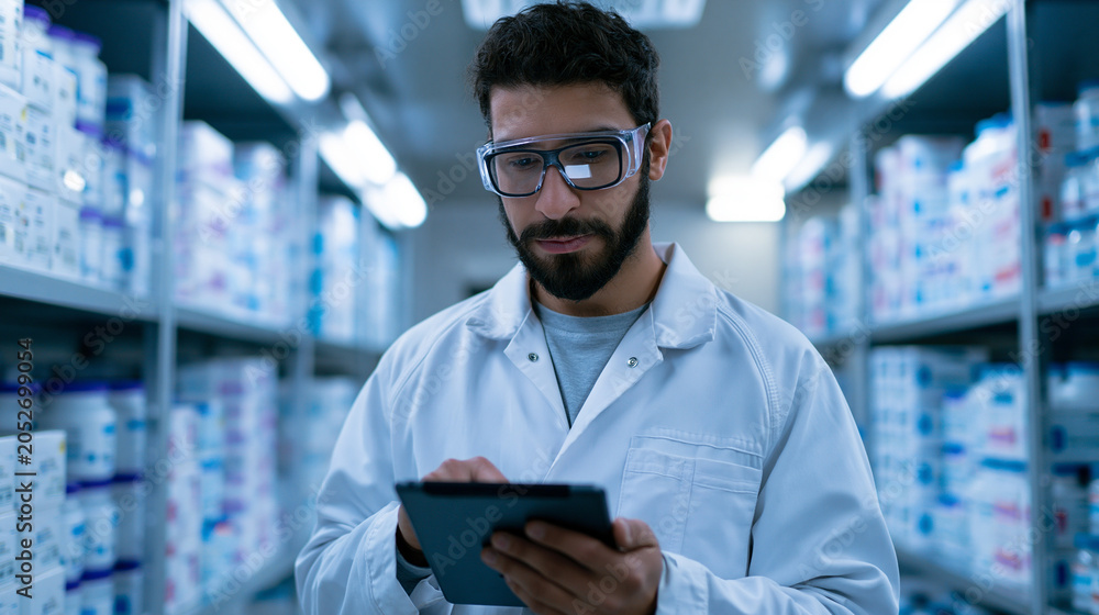 Fototapeta premium Pharmacist using digital tablet in pharmacy warehouse representing healthcare inventory management and pharmaceutical technology