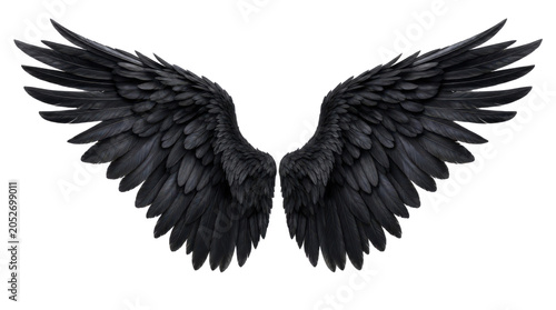 Detailed Pair of Black Outspread Wings Isolated on White Background