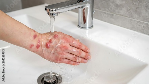 Hand with skin irritation, eczema, or rash under running water, faucet, sink