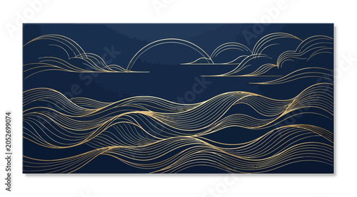 Abstract golden sea waves and clouds on dark blue background