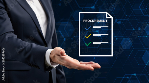 Businessman holding digital procurement checklist document for supply chain and contract management concept