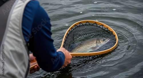 Close-up of a Fisherman Landing a Freshly Caught Trout in a Wooden Net on a River during a Fly Fishing Trip