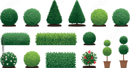 Fényképezés Garden topiary vector set with manicured bushes hedges and potted shrubs game as