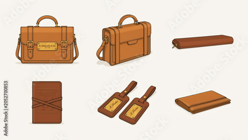 Foto Set of pixel art leather luggage bags and travel accessories for vacation and bu