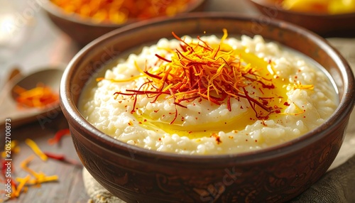 Delicious Semolina Pudding with Saffron and Ghee in Bowl.
