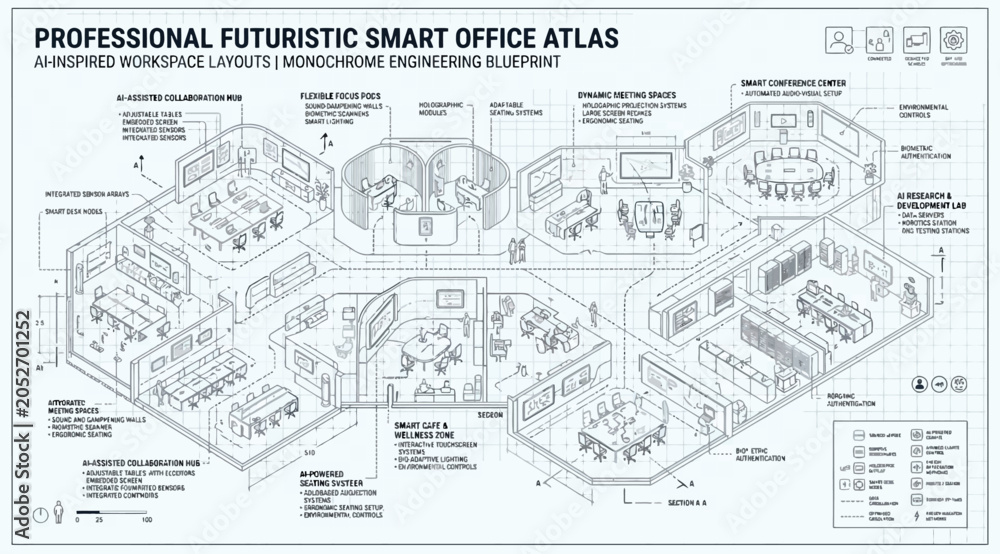 Obraz premium Professional futuristic smart office atlas isometric engineering blueprint