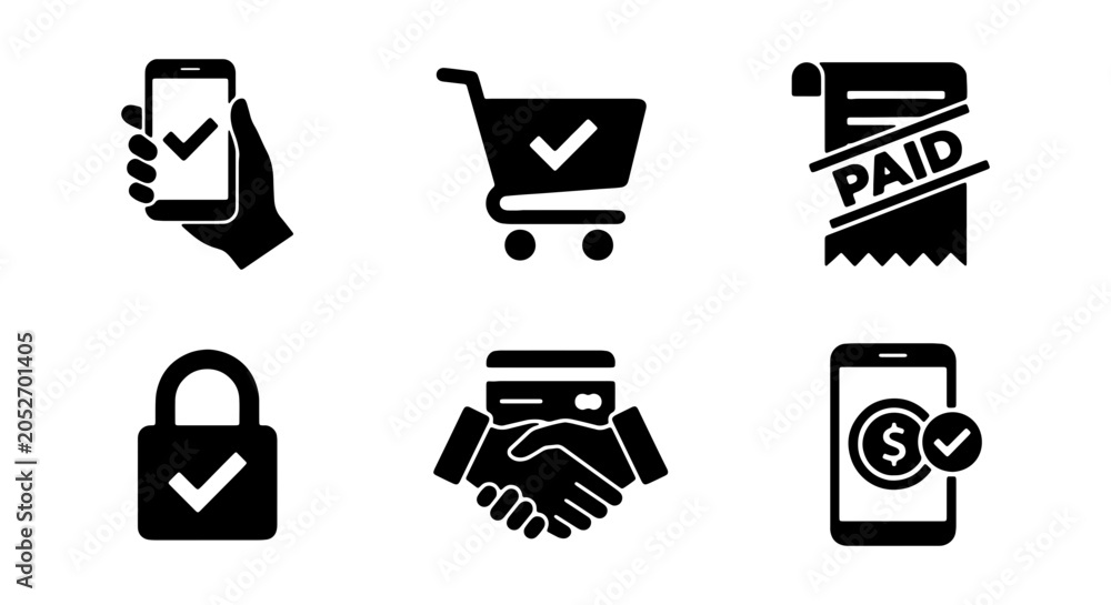 Fototapeta premium E-commerce Icons: Mobile Payment, Shopping Cart, Paid Receipt, Security Lock, Handshake, Digital Wallet