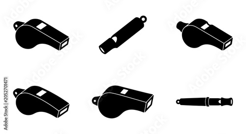 Photos Sports whistle icon set, black silhouette whistles vector, referee and coach equ