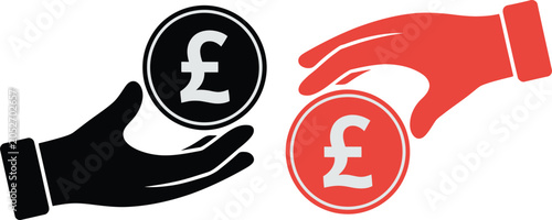 Foto Hands, with British pound coins icon, financial support and money management symbol for banking investment and payment systems