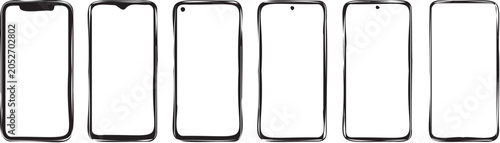 Foto Set of six minimalist vector graphic smartphone outlines showing various screen