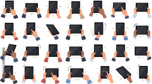 Diverse collection of human hands holding and interacting with digital tablet screens for mobile app UI UX design presentations and website marketing graphics