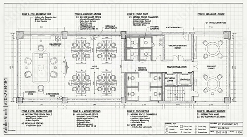 Architectural floor plan of a modern office space with designated work zones and meeting areas