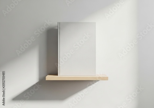 Blank white book cover standing on a wooden shelf against white wall view