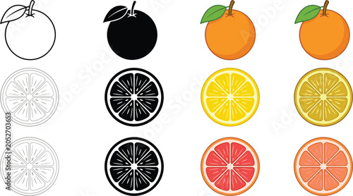 Minimalist citrus fruit icon collection featuring whole oranges lemon slices and grapefruit cross sections in outline silhouette and flat color styles for food branding