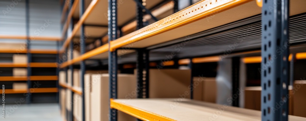 Fototapeta premium Dynamic perspective of empty warehouse shelving vibrant orange beams and grey uprights stretch into a blurred background with boxes. Symbolizes efficient storage and supply chain