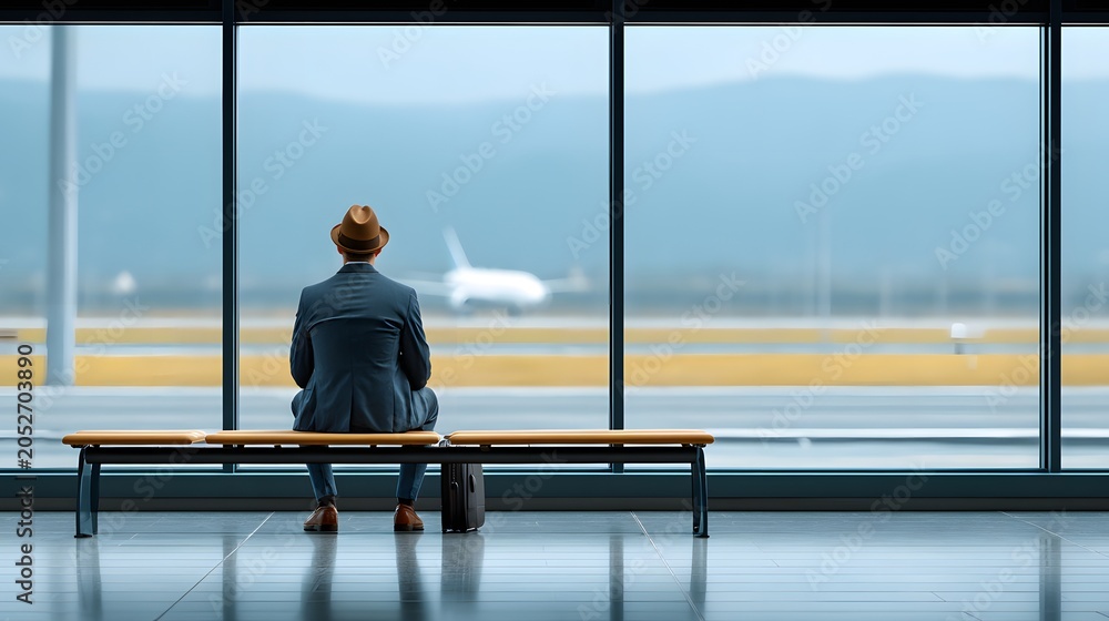 Fototapeta premium Business traveler waiting at airport terminal after flight disruption, large windows overlooking runway, realistic travel photography