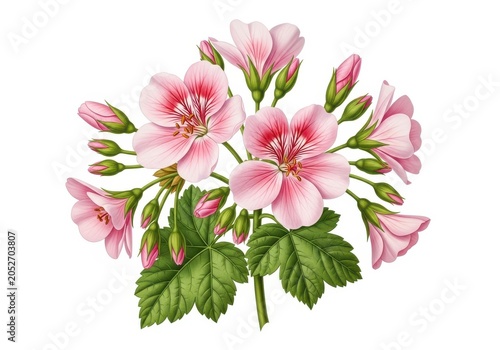 Botanical of pink geranium flowers with green leaves and buds plant