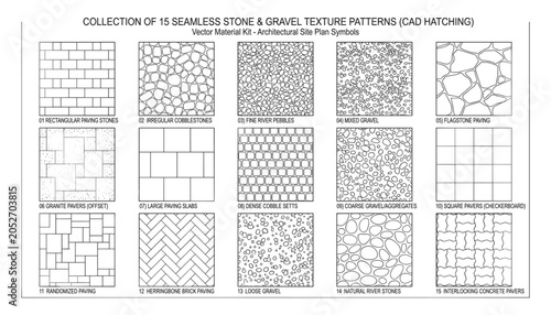 Collection of 15 seamless stone gravel texture patterns for architectural site plan cad hatching vector material kit.