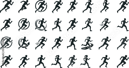 Professional set of running person icons and silhouettes for fitness tracking apps, marathon posters, sports brand logos, and active lifestyle graphic design projects