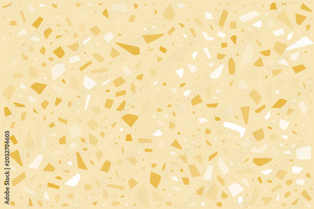 Obraz premium Terrazzo pattern with marble chips and stone fragments on light yellow background. Elegant floor texture with white granite pieces, ceramic mosaic design for modern kitchen interiors.