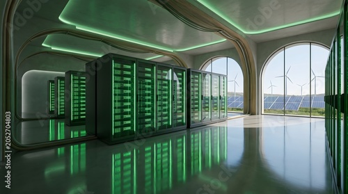 Sustainable IT infrastructure with solar panels background for green data center article illustration