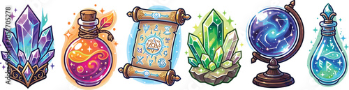 Foto Fantasy Magic Item Vector Icon Set Featuring Potion Bottles, Crystals, Spell Scr